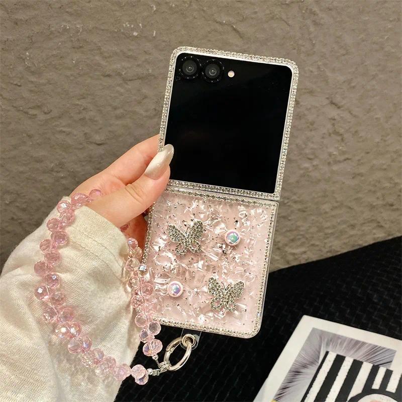 Luxury 3D Butterfly Diamond Shell Pattern Phone Case For Samsung Galaxy Z Flip 3 4 5 6 7 FE With Wrist Chain Shockproof Cover