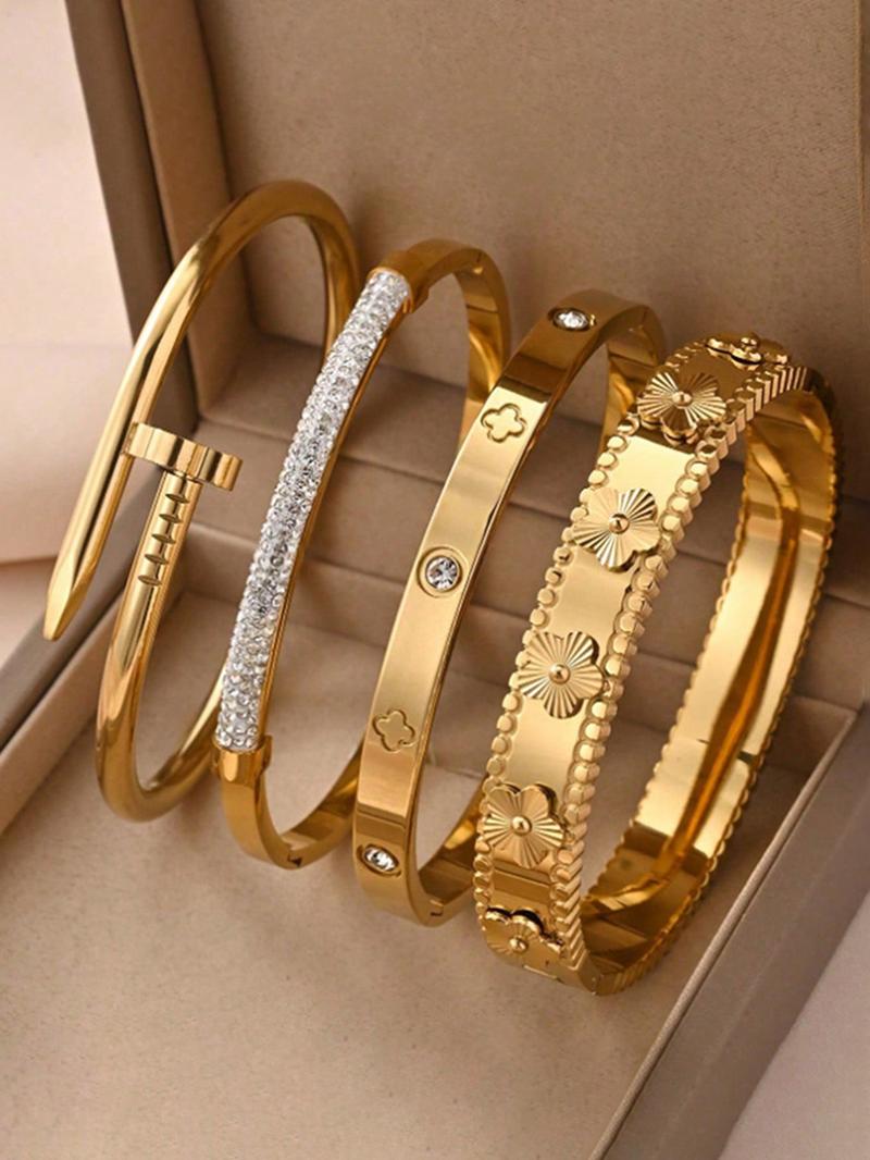 4 Piece Fashion Waterproof Titanium Steel Bracelet Set, Rhinestone Embellished, Plated, Elegant Jewelry Bracelet, Vintage Luxury Style