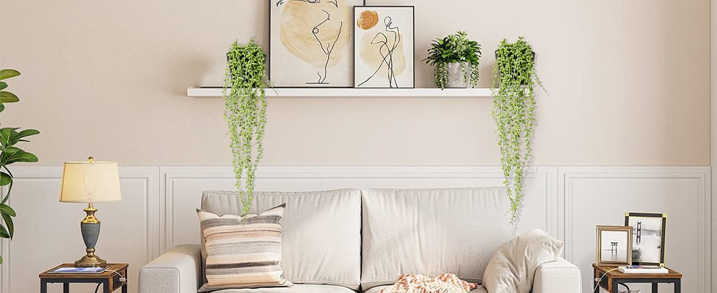 Jahe String of Pearls Artificial Plants Indoor, Beaded Plant Fake Vines, Succulents Plants Artificial in Black Pots , Trailing Faux Plant for Living Room Bathroom Accessories Farmhouse Wall Decor