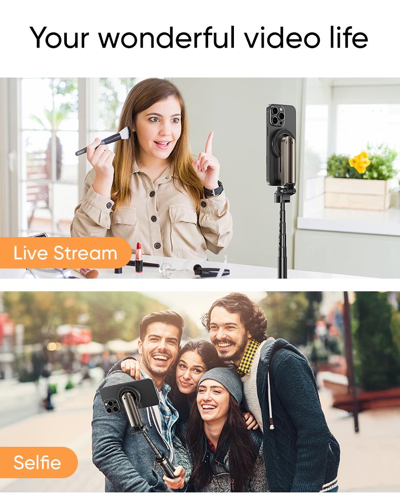 MAGIC JOHN 4-in-1 Multifunctional Magnetic Selfie Stick – 360° Rotation, Compact & Stylish, With wireless Bluetooth control, Magnetic Phone Holder for Selfies/Video Recording/Vlogging, Compatible with Most Phone Modes