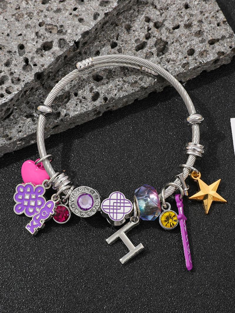 New Style K-POP: Demon Hunter Group Bracelet for Women, Cartoon Diamond-Inlaid Pendant Open Stainless Steel Bangle Jewelry, "K-POP Demon Hunters" Same Style, Charm Bracelets