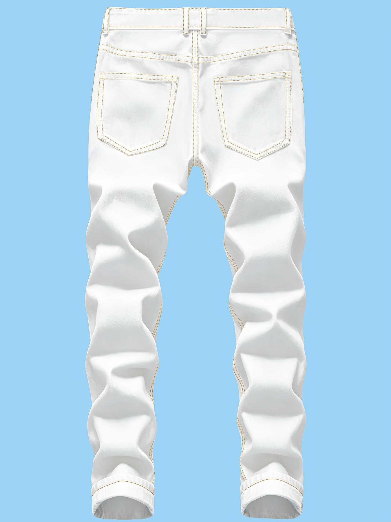 Men's White Slim Fit Full Length Ripped Raw Edge Jeans - Contrast Stitch, Washed Stretch Denim Pants with Holes - Machine Washable for Commute, Casual Wear