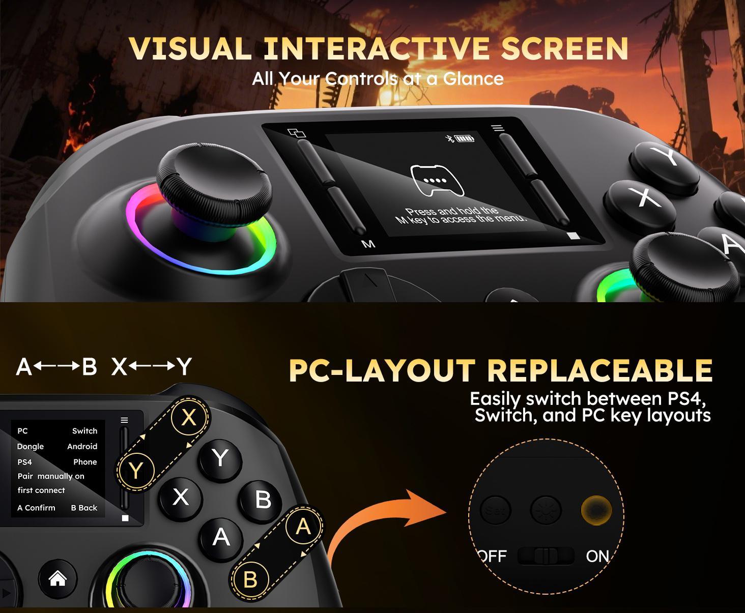 LASTEND Gaming Controller with Visual Display Screen, 1000mAh Battery, Hall Effect Anti-Drift Joysticks, 4 Back Buttons, Turbo Mode, RGB Lighting, Dual Vibration & Gyro, Compatible with PC/PS4/Switch/iOS/Android, No App Needed
