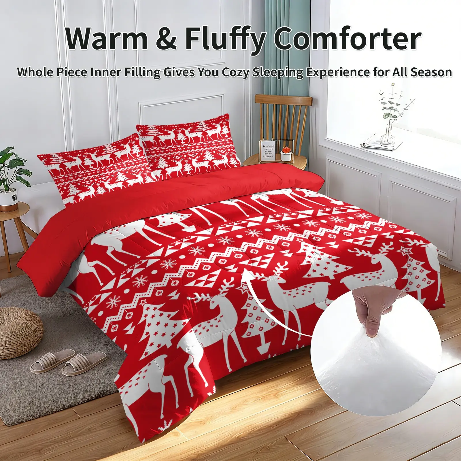 3Pcs Xmas Deer Comforter Set, 1 Comforter + 2 Pillowcases, Skin-Friendly Polyester Fabric, Whole Piece Filling, Red White Knit Style Christmas Pattern, Aesthetic Decor For Winter Themed Bedroom Dorm Cabin Makeover