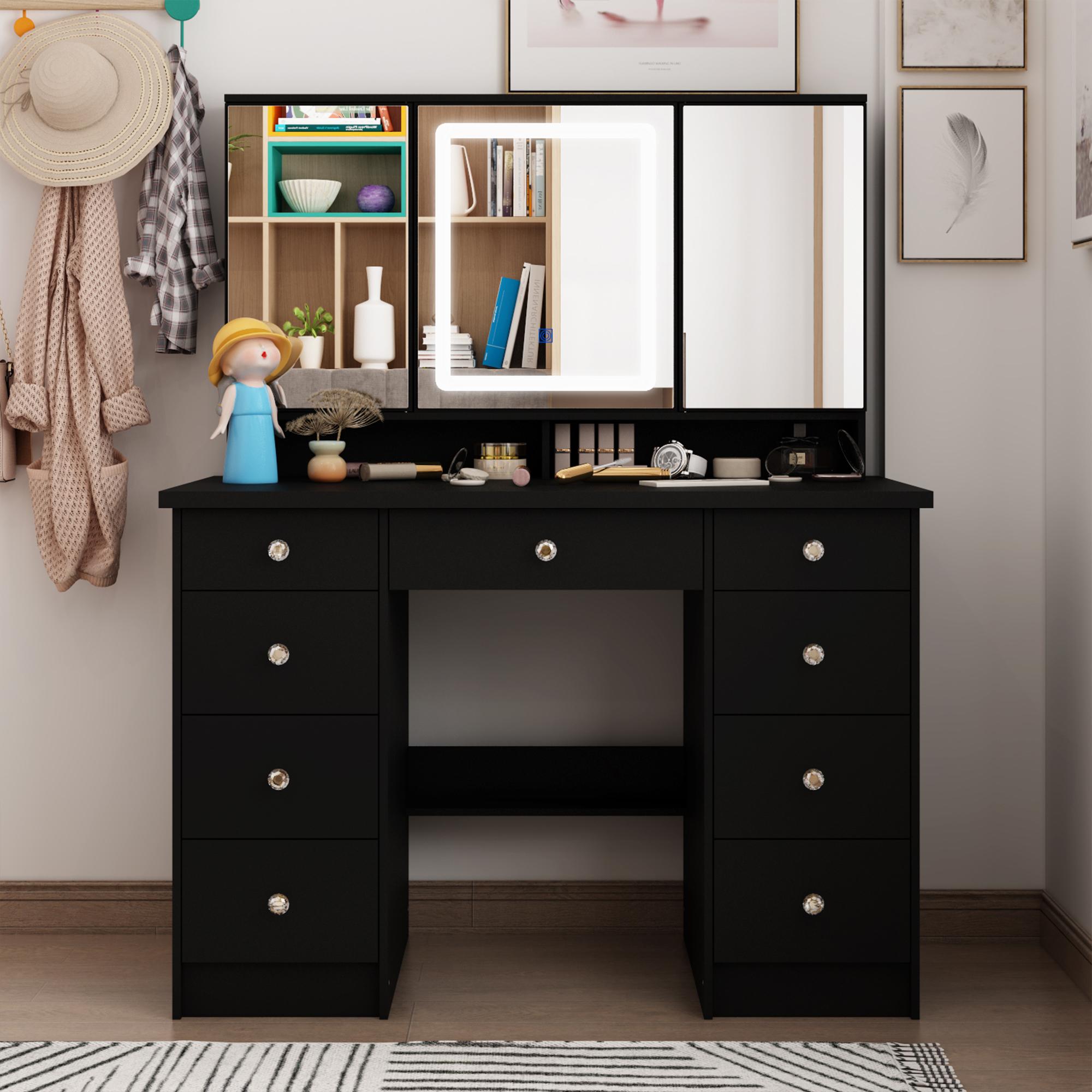 FUFUGAGA-43.3"W Vanity Desk With 9 Drawers, Makeup Desk With 3-Mirror And Touch Screen Light, Dressing Makeup Table For Bedroom