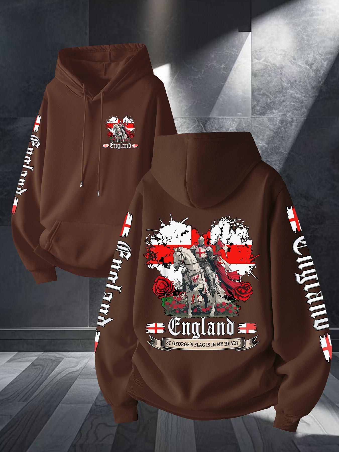 Middle Ages Long Spear Knight England Flag Print Hoodie, Unisex Casual Long Sleeve, Kangaroo Pocket, Fall & Winter Streetwear