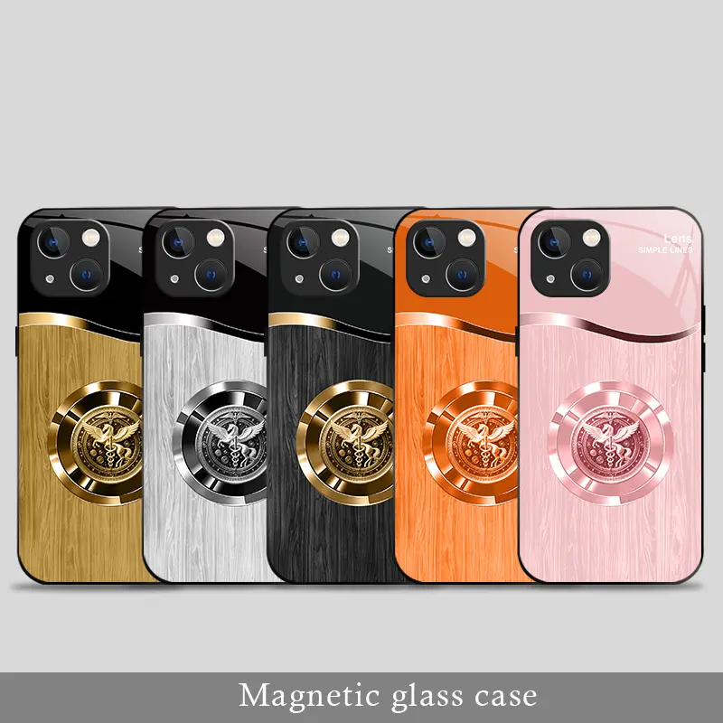 Shockproof Aesthetic Phone Cover for iPhone 14 Plus Vintage Luxury Gold Pegasus Metal Emblem Wood Grain Magnetic Magsafe Glass Case----9435