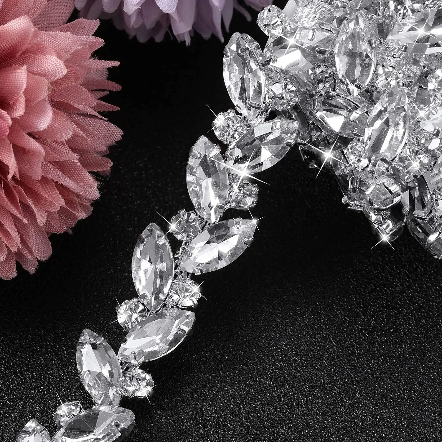 Rhinestone Chain Trim Applique Embellishment Crystal Wedding Bridal Costume Flower Leaf Chain Sewing Bling Trim for Jewelry DIY Necklace Bags Parties(3 Yards,Silver)