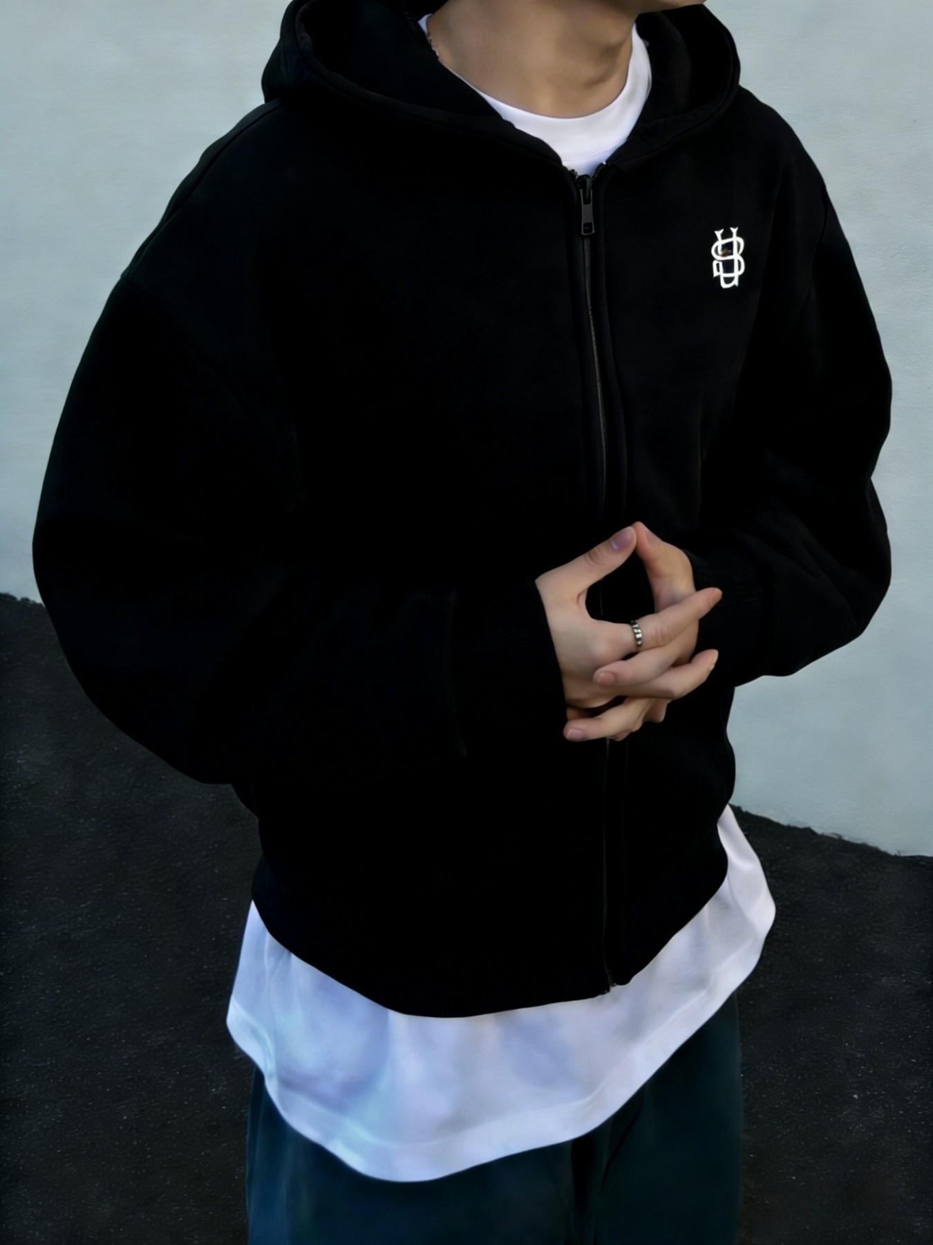 Men's Light Blue Zip-Up Hooded Sweatshirt, Heavyweight Loose Fit Casual Jacket, Minimal Embroidery, Streetwear for Spring & Autumn, 5 Colors