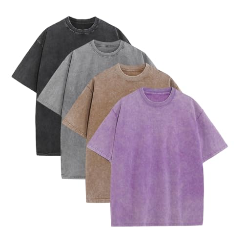 Unisex Oversized Loose-Fitting Short Sleeve Vintage Heavyweight Cotton T-Shirts - 1/4 Pack, Machine Washable, Streetwear, Gym Workout Athletic Top, Casual Sportswear for Teens, 1Pcs Black, Beige+Green+Pink+Purple, Fitness Shirts, Clothing, Men's T Shirts