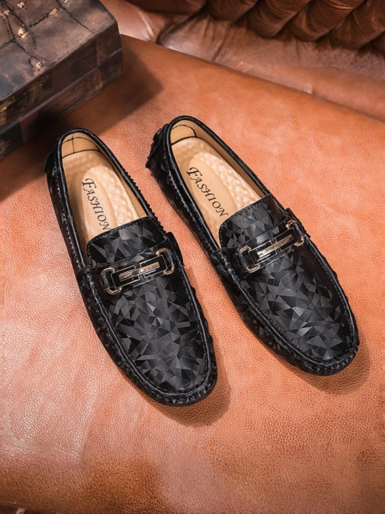 Men's Plaid Buckle Loafers, Daily Commute/style, Glossy Embossed Texture, Metallic Decorative Buckles, Trendy Casual Shoes