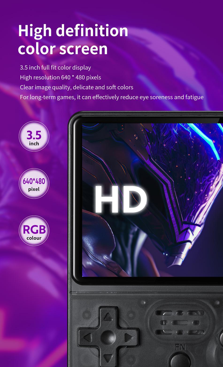 Retro Purple R36S Handheld Game Console - 3.5 in HD Screen, 64G Memory, Rechargeable Compact Portable Linux System, Type-C Port, 10 Emulator Video Games, Media Control, Anime Theme On-the-Go Gaming Gift
