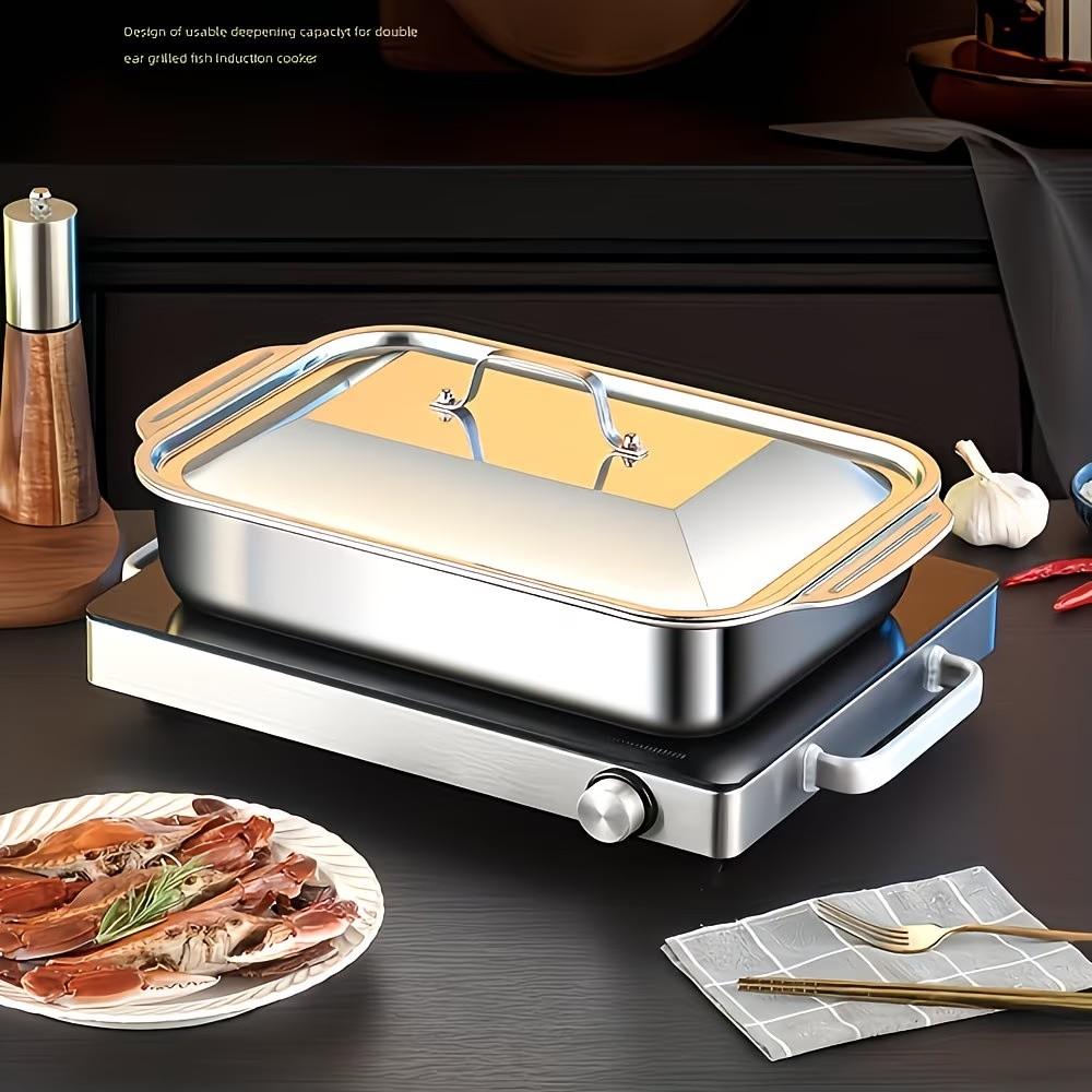 1 piece Thickened Stainless Steel Fish Baking Pan, Rectangular Non-Stick Oven Tray with Lid & Double Handles, Heat Resistant Kitchen Bakeware for Festival Seafood, Desserts, Bread, Home Restaurant Use