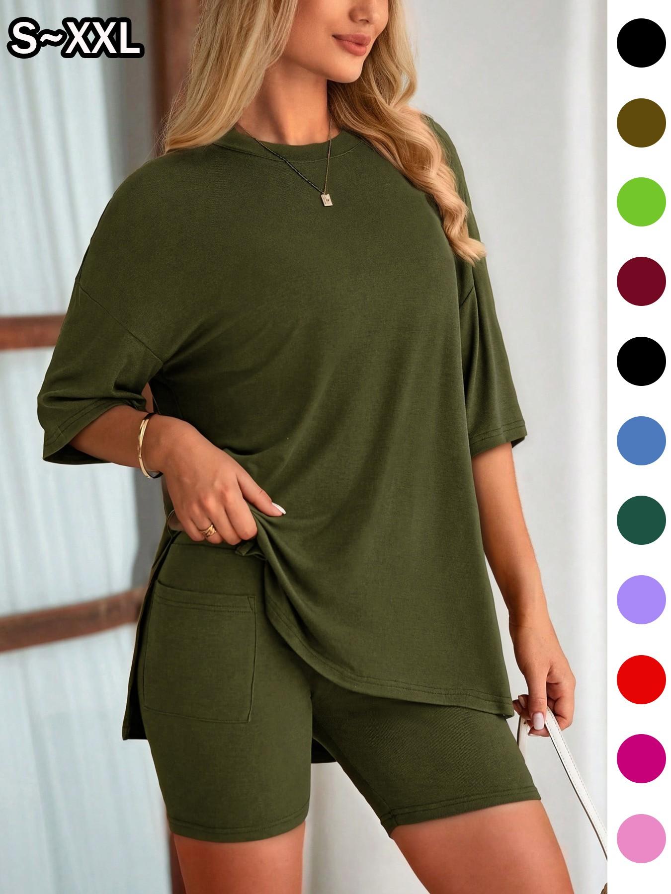 Women's Solid Color 2-Piece Set, Round Neck Loose T-Shirt and Pocket Tight Shorts, Comfort Summer Loungewear Pajamas, Suitable for Outdoor Wear