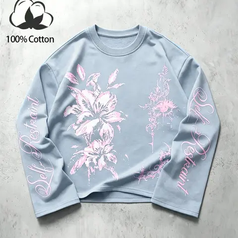 Unisex style, street-style American Gothic lily and Self Restraint floral pattern printed round-neck long-sleeve pullover top, 100% cotton, relaxed adaptation, casual spring and autumn long-sleeve top. Suitable for Y2K, street-style coolness in spring and