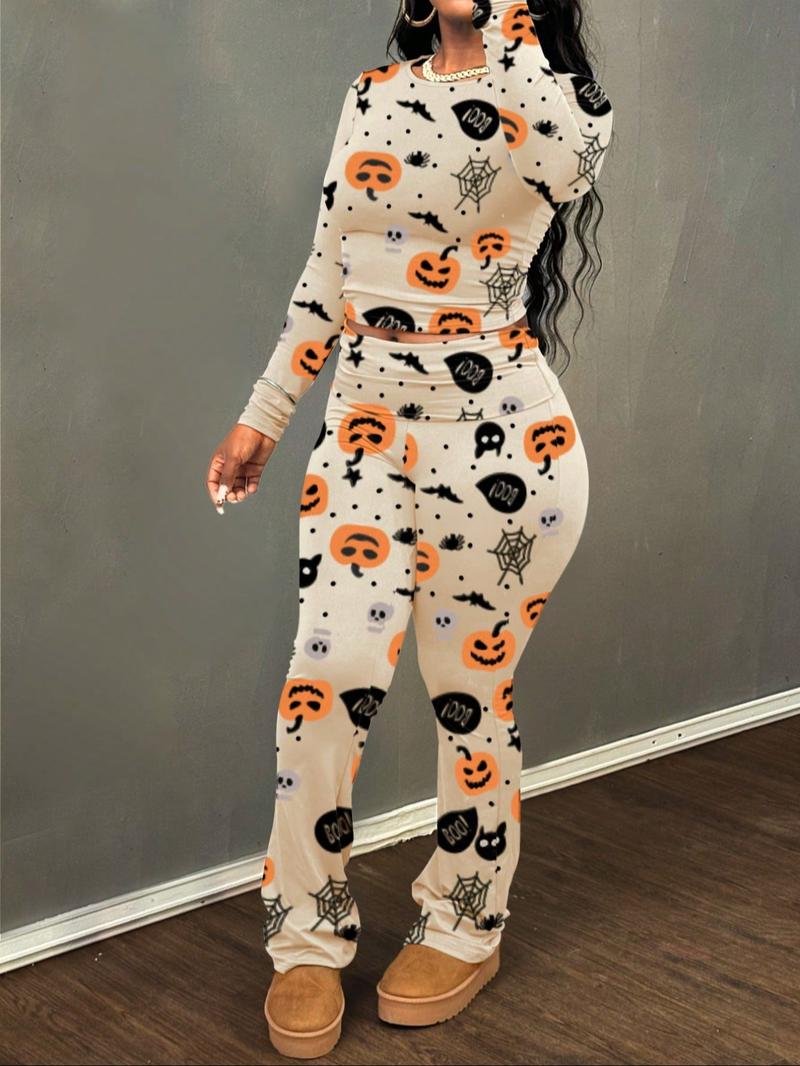 Women Halloween Two Piece Set Pumpkin Print Long Sleeve Crop Top Flare Pants Outfit Ghost Bat Spider Web Design Holiday Party Clubwear Casual Fall Festival Look Comfortable Fashion Matching Set Halloween Costume