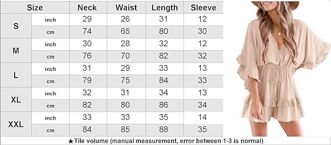 Goranbon Womens V Neck Beach Romper Ruffle Layered Drawstring Waisted Shorts Jumpsuit