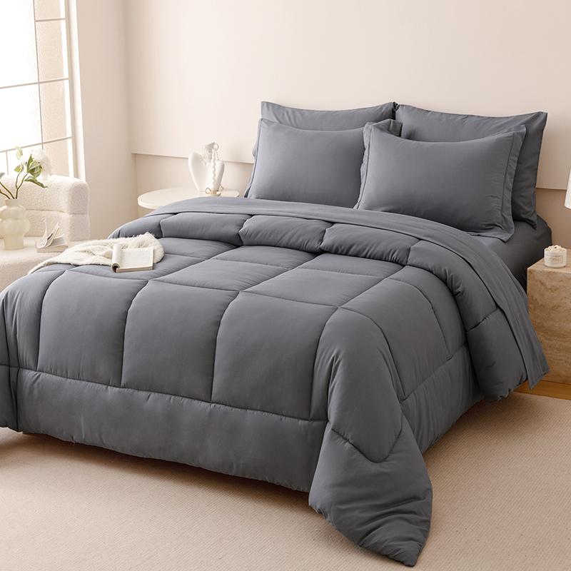 5/7pcs Luxurious Checkered Comforter, Soft Microfiber, Breathable, Easy Care for All Seasons, Bedding Set with Down Alternative Comforter, Sheets, Pillowcases & Shams, Queen And King Size