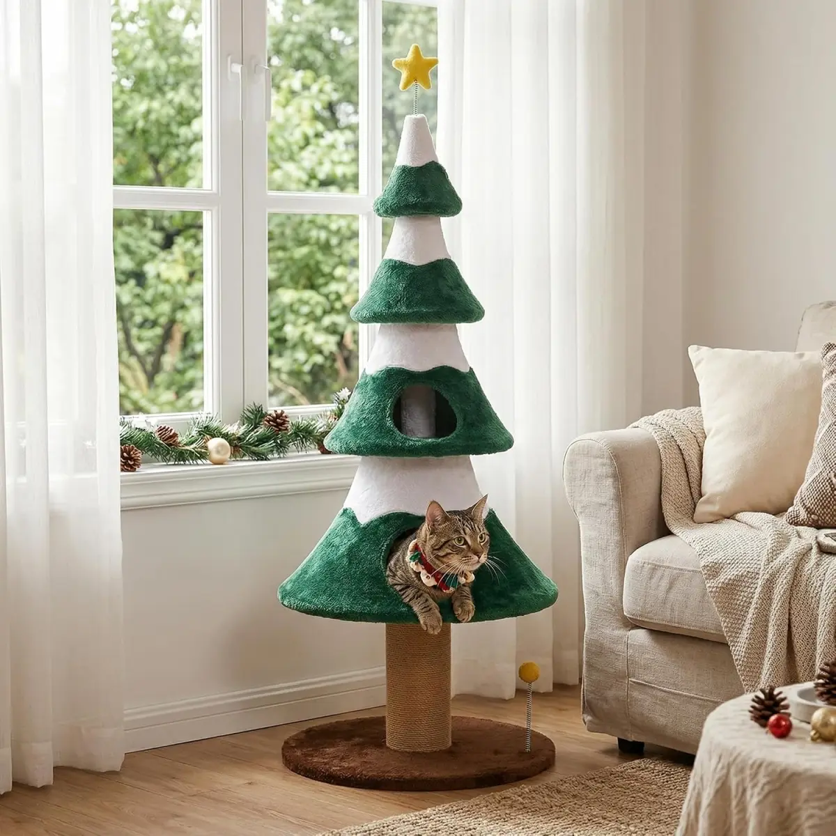 62 Inch Plant-Like Cat Tree Tower for Indoor Cats, Heavy-Duty Anti-Tip Base with Sisal Scratching Posts, Multi-Level Cat Furniture with Cozy Cat Condo, Green