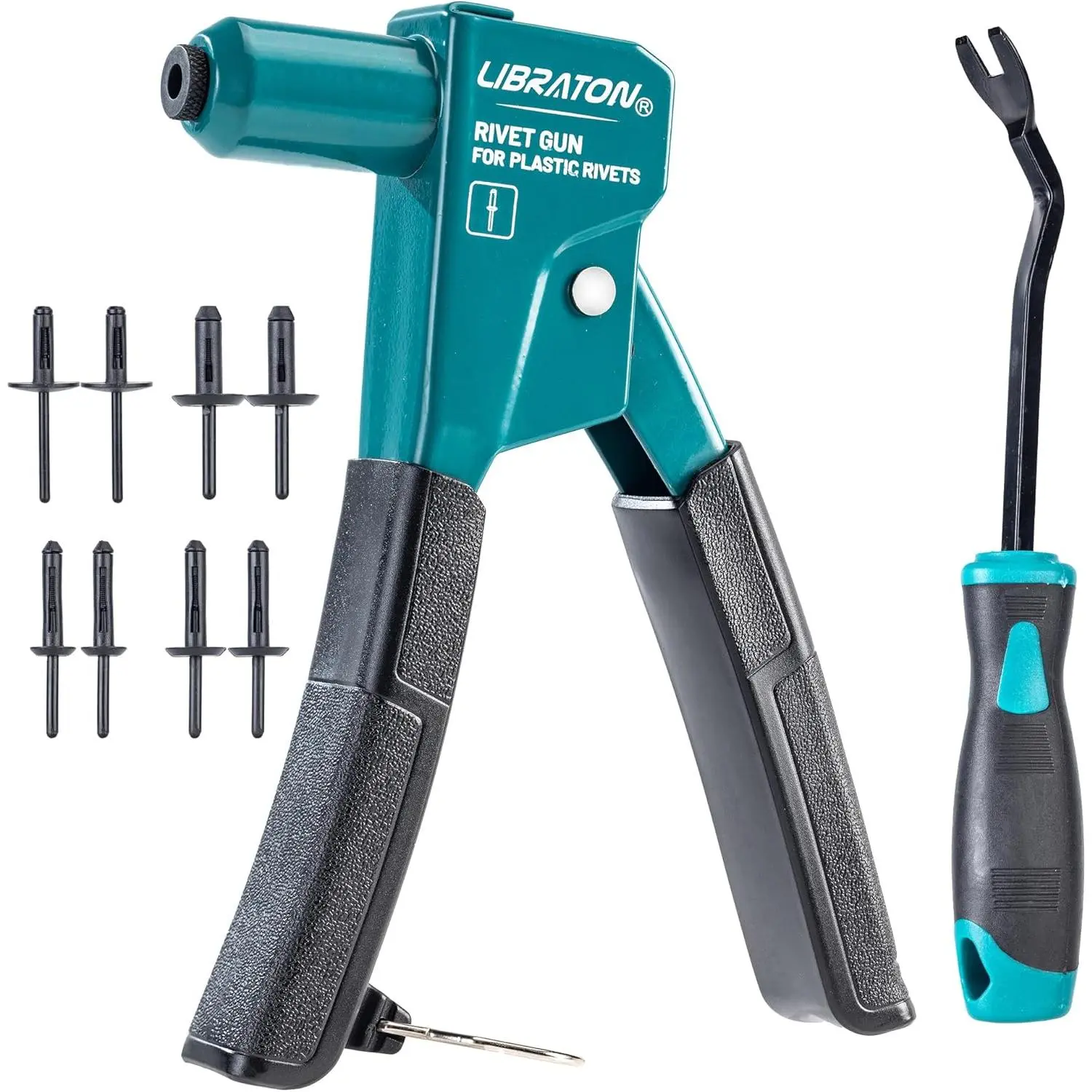 Rivet Gun Kit with Fastener Remover, 90 Degree Angle| Hand Riveter with 40Pcs Nylon Rivets (4 Sizes) & Pry Tool, Nosepiece for Auto Bumper, for Automotive