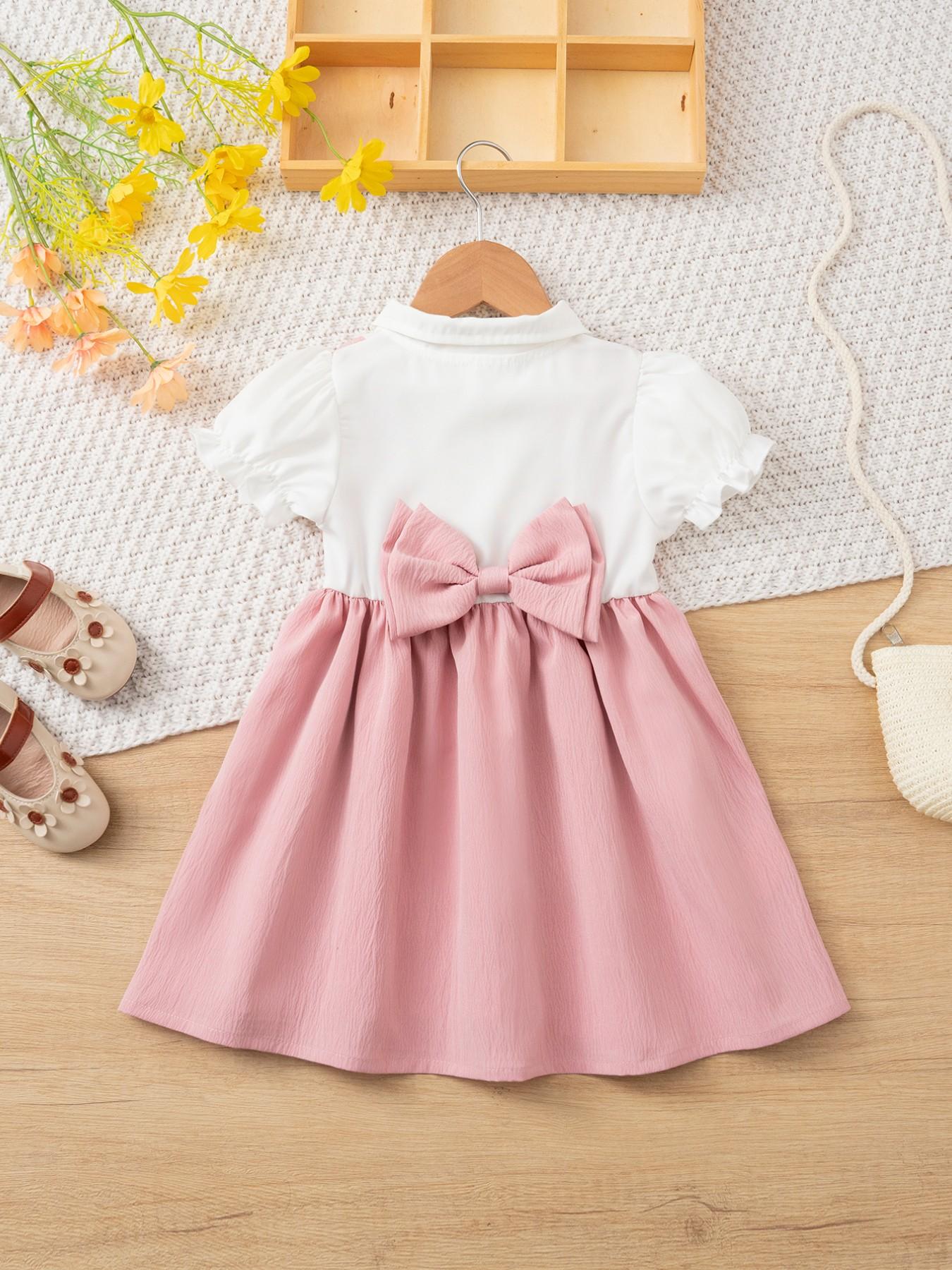 2pcs Girls' Summer Fashion Dress, Frilled Dress, Solid Colored Dress, Pure Color Princess Style, Sweet and Cute Design, Lapel Collar, Casual Wear for Kids