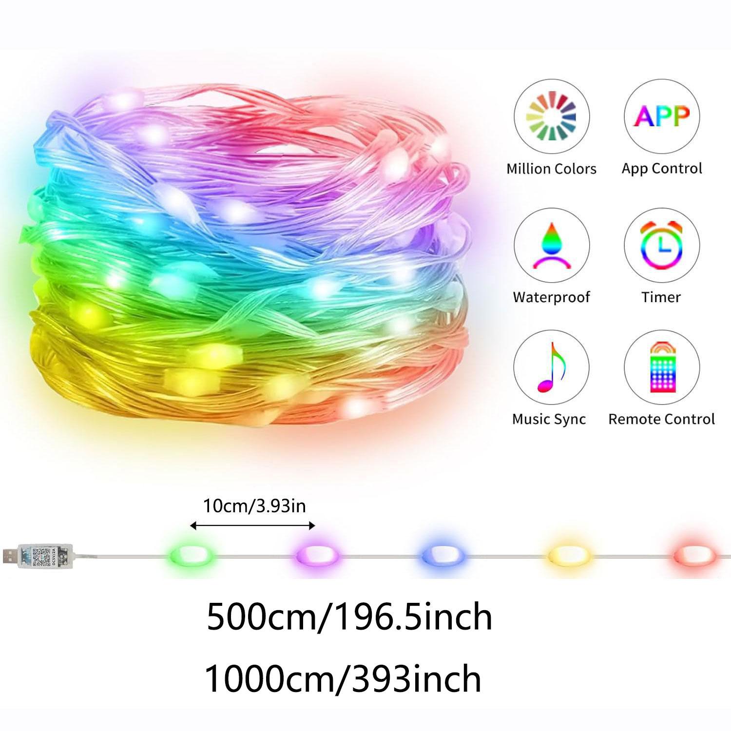 Remote & App-Controlled Smart RGB LED Strip Lights, Multi-Color LED Fairy Lights, USB-Powered, IP65 Waterproof, Music/Voice Sync, Ambient Decorative Lights for Weddings & Parties