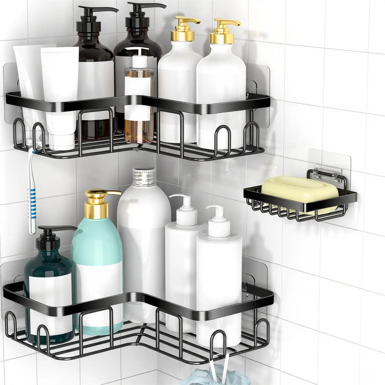 Corner Shower  Shelf Organizer Rack, Self Adhesive Black Bathroom Shelves Basket,  Wall Shower Inside Organization and Storage Decor RV Accessories, First Apartment Essentials