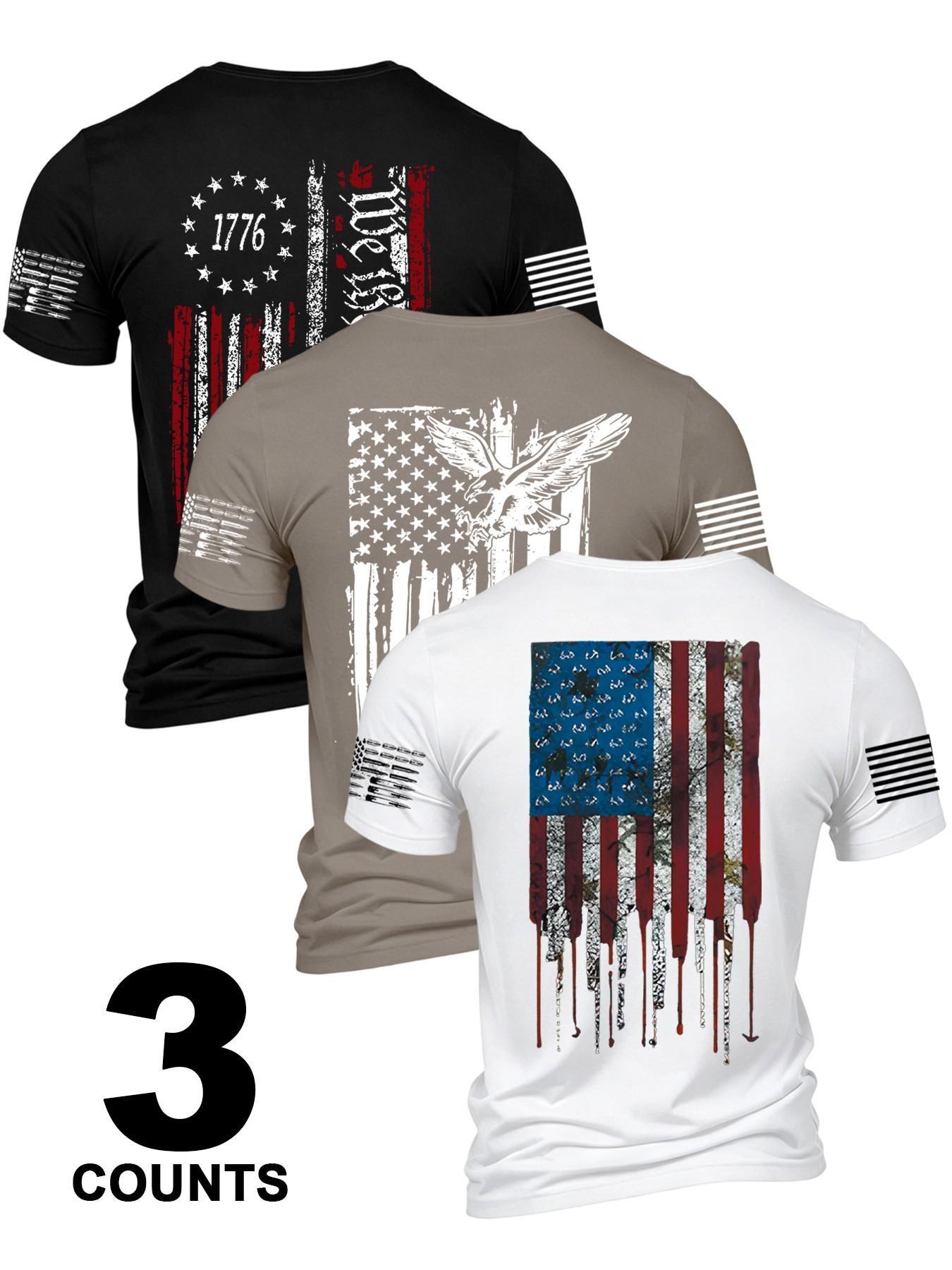 3-Pack American Patriotic Men's Short Sleeve T-Shirts, Casual Sports T Shirt, Comfortable and Durable Daily Wear, Perfect Gift for Him, Sporty Style Tops