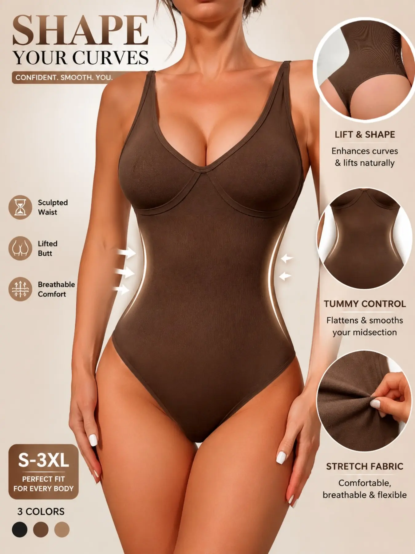 Women's Seamless Shapewear Bodysuit, Tummy Control Smooth Waist Cinch Butt Lifter Sleeveless V-Neck, Breathable Stretch Shaping Underwear