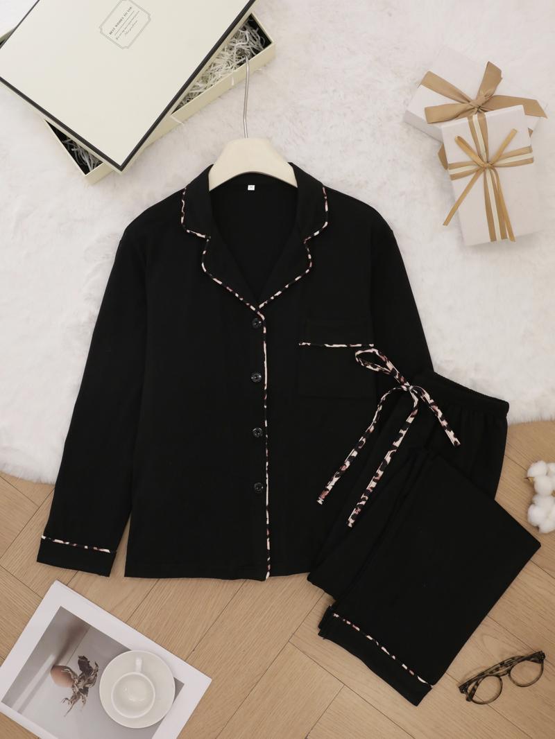 Women's All Over Print Lapel Neck Pajama Set, Long Sleeve Button Top & Tie Front Pants PJ Set, Casual Comfy Loungewear Set for Women