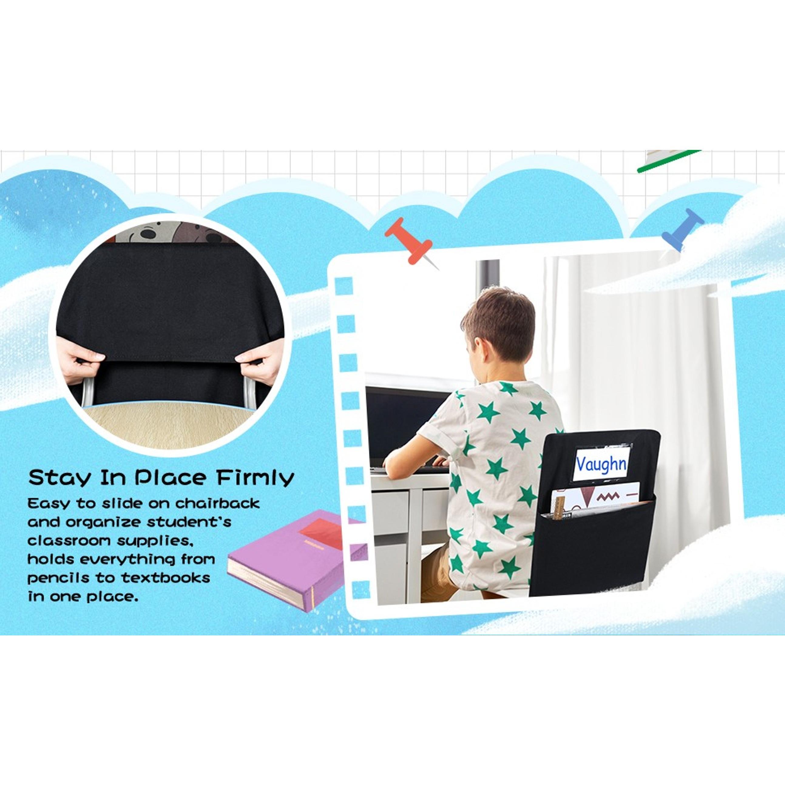 6 Pack 17 Inch Chairback Chart Student Chair Pockets, Black | Chair Back Classroom Organizer, with Name Tag, Chairback Storage Bags, Desk Organizer for Keeping Book Table Desk Organized