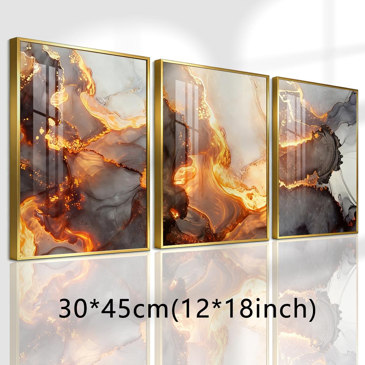 3 Counts Aluminum Alloy Framed Painting, Abstract Golden Lava Flow Pictures, Home Decoration For Living Room, Bedroom, Office, Restaurant, Hallway Wall Decor, Odorless Print Artwork, Luxury Perfect Gift For Friends And Family