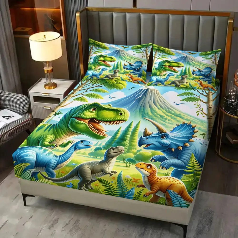 3Pcs Dinosaur Print Fitted Sheet Set (Includes 1 Fitted Sheet And 2 Pillowcases, No Pillow Core). 3D Printed Bed Sheet Set, Bedsheet Sets, Soft & Breathable, Deep Pocket, Non-Slip. Kids Bedroom & Nursery Decor, All Seasons Bedding, Twin/Full/Queen
