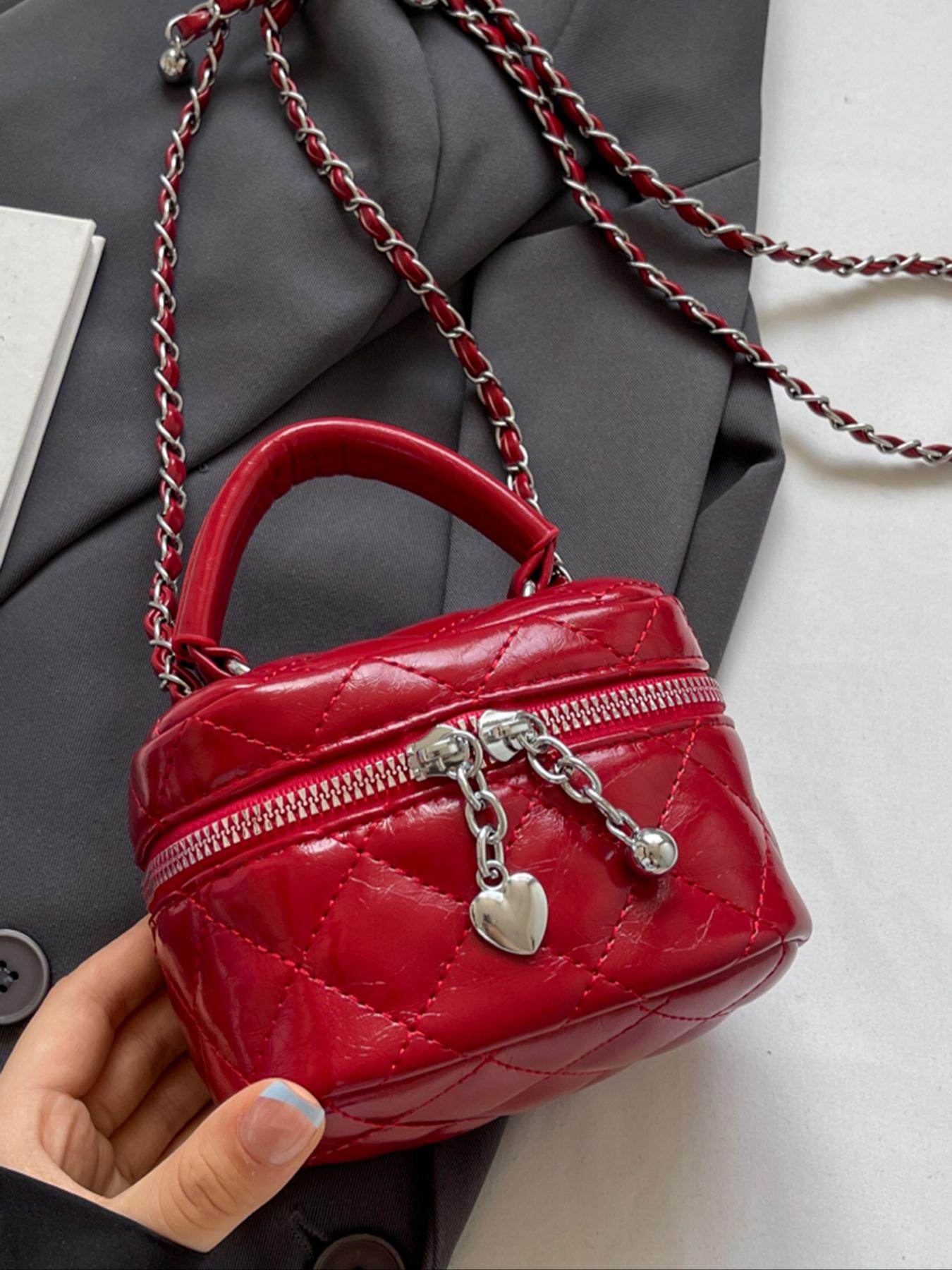 Women's Fashionable Solid Color Quilted Crossbody Bag, Elegant Mini Handbag with Heart Decor, Casual Trendy Versatile High-quality Daily Commuting Bag, Handbag Shoulder Bag