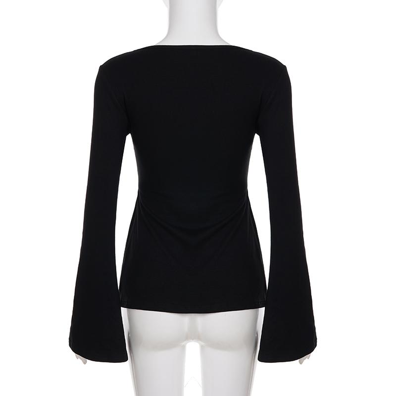 Sexy Elegant Low Neck Knit Half Placket Top. Casual Classy Top Flare Sleeve Loose Baby Doll Blouse. Solid Black Casual Y2K Minimalist T-Shirt for Daily Commute & Dating.