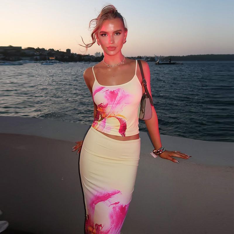 Floral Print Adjustable Strap Cami Top & Mermaid Skirt Set with Elastic Pleats To Party Dating Outfit Women's 2025 Summer Vacation Beach Holiday New Styling Versatile Halter and Skirt Suits