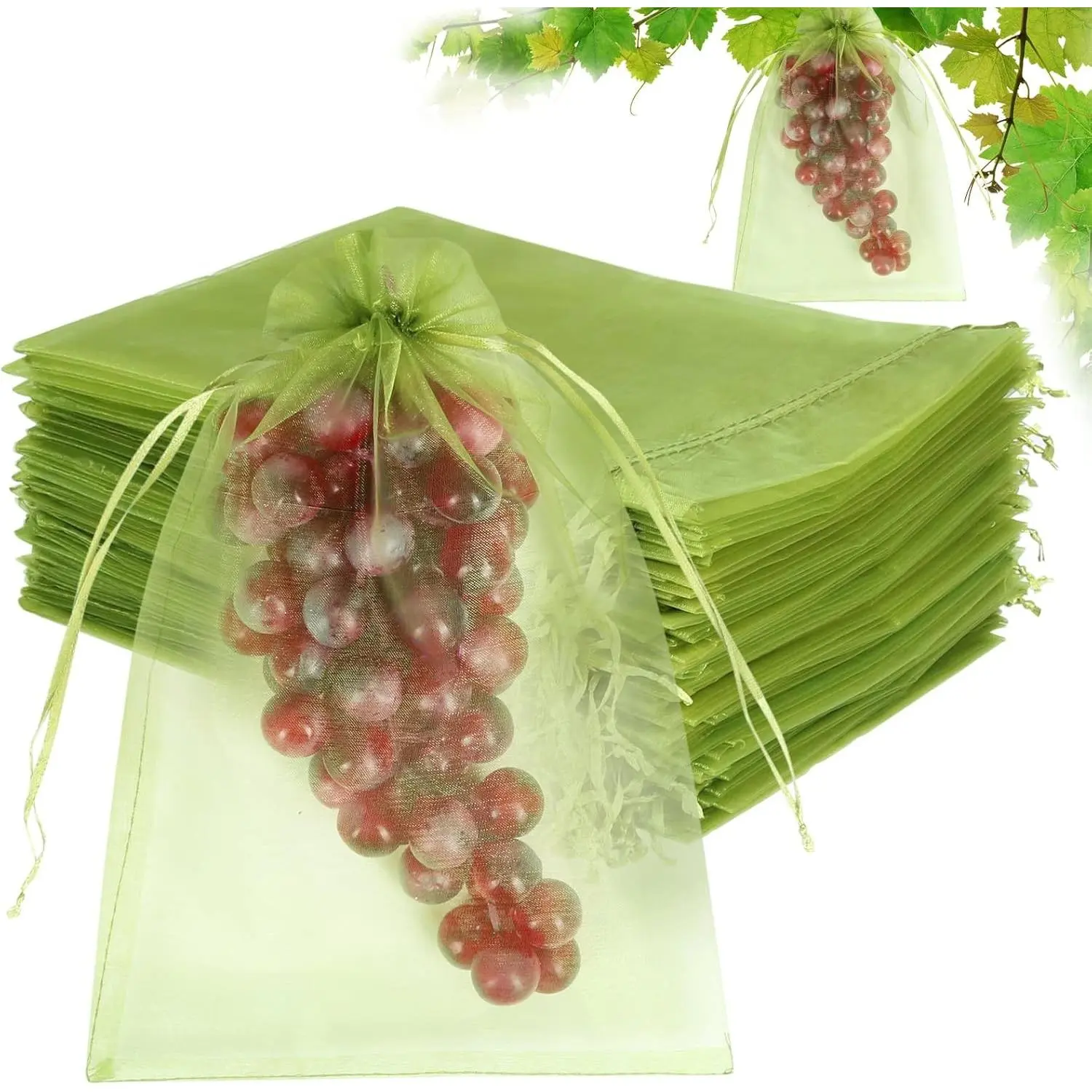 100pcs Fruit Protection Bags 8x12 inch, Green Netting Cover Bags Drawstring Mesh Fruit Protectors Pest Barrier for Grapes Mango Trees Veggies Garden | Fine Mesh Helps Deter Insects and Birds, See-Through for Ripeness Checks, Easy Drawstrings, Fits Gr