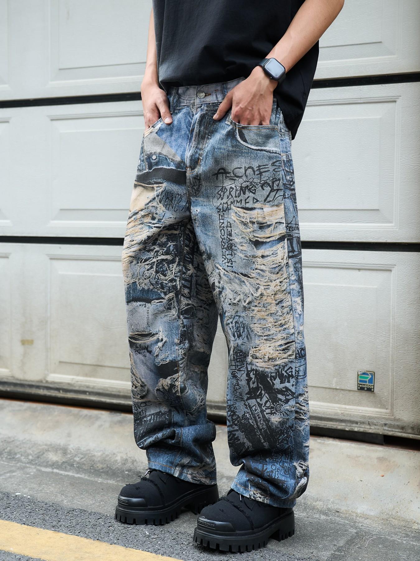 Men's 3D Printed Jeans Y2K Graffiti Denim Jeans, Wide Leg Streetwear, Loose Fit Casual Jeans for All Seasons