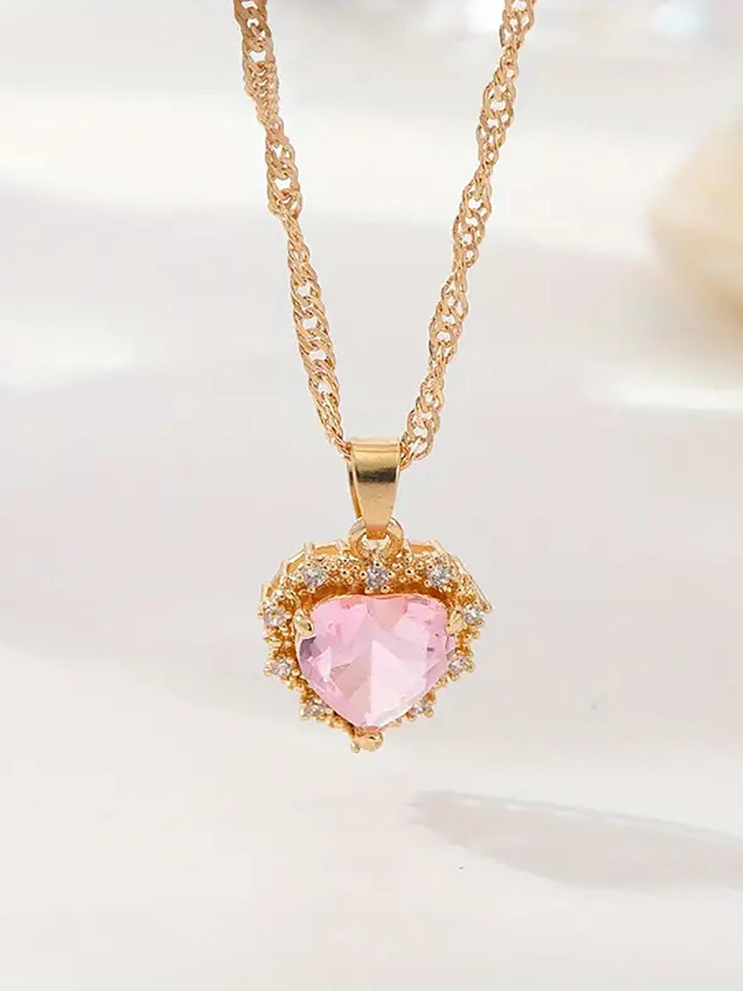 Zircon Heart Pendant Necklace, Copper Cubic Zirconia Jewelry, Handmade Gift, Boho Style, All Seasons, Zinc Alloy Chain, Plain Pattern