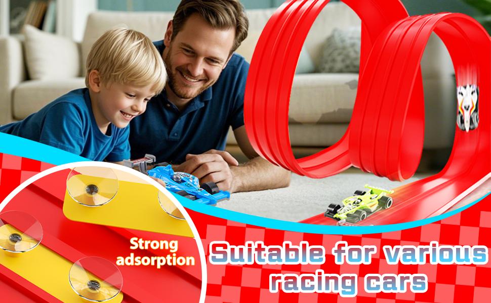 Hotfree Flex Tracks 15Ft for Kids, STEM Flexible Race Car Ramp Track with 4 Small Racecars 12 Suction Cups and 1 Hook, Compatible with Hot Wheels and Diecast 1/64 Cars, Rolls Up Portable Racetrack for Ages 3+, Easter Toy Birthday Christmas Gifts for Kids