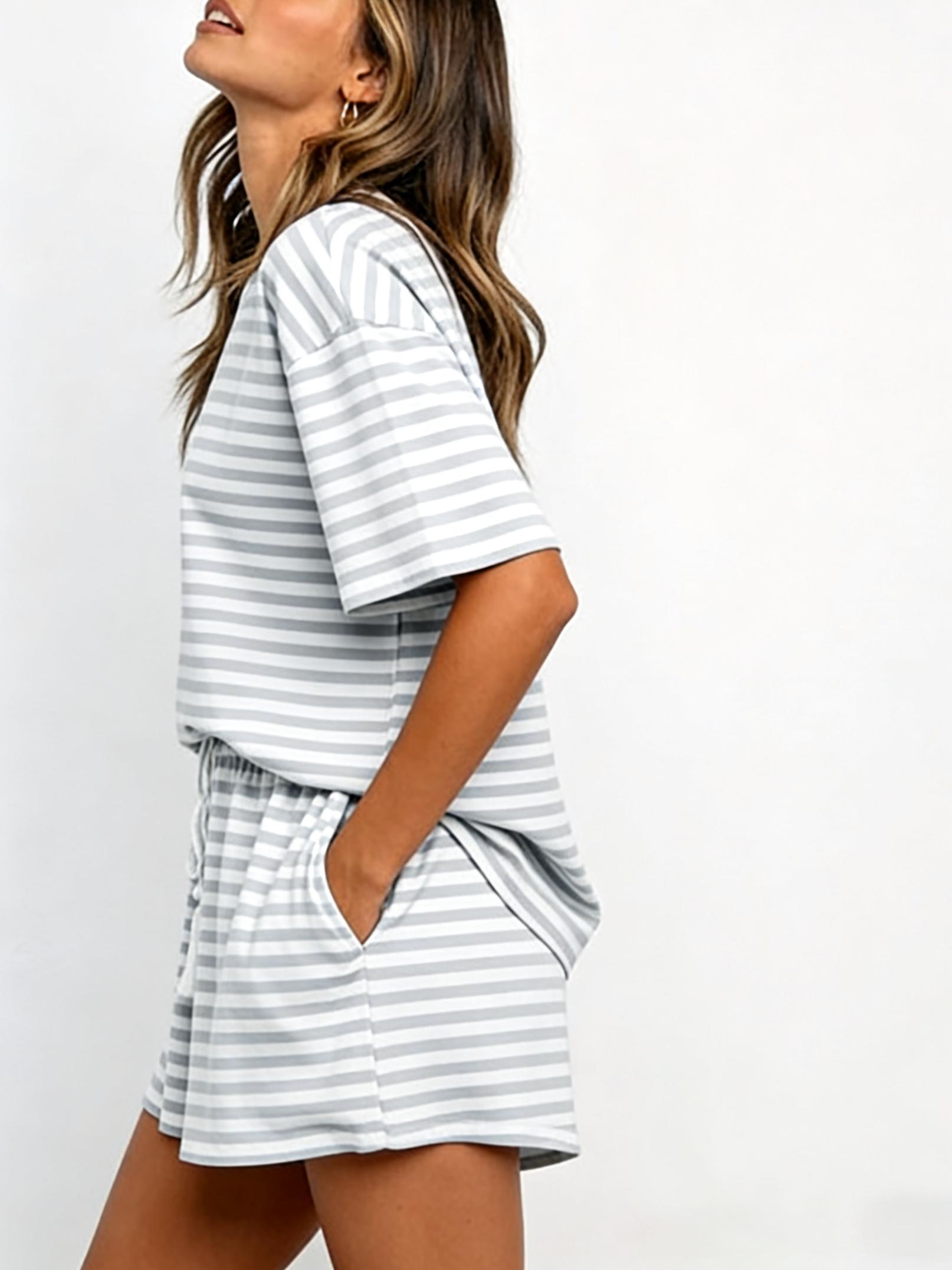 Women's Striped Knit Short Set, Casual Matching Set, Casual Loose Fit Summer, Round Neck & Drawstring Design, Perfect for Daily Wear, Casual Loungewear Set, Casual Shorts Set