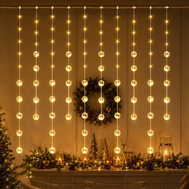 USB Bubble Ball Curtain Decor Fairy Light, 90led Warm String Lights, Transparent Acrylic, 8 Flash Modes, Holiday Decoration, Christmas, New Year