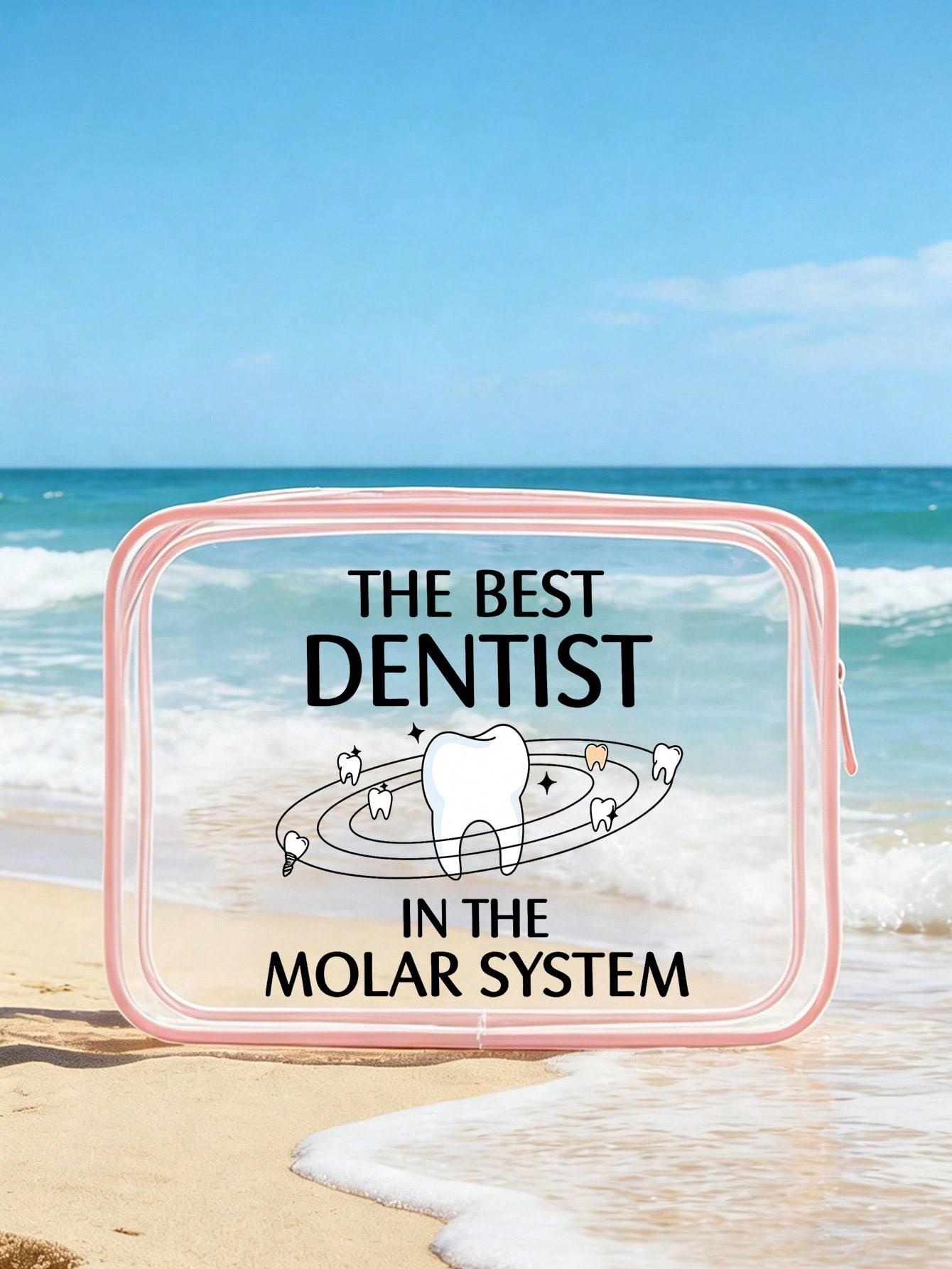 Clear PVC cosmetic bag with fun "Galaxy's Best Dentist" print. Waterproof and portable with zipper. Ideal for dentists, dental students and oral care lovers for work, travel and beach use.