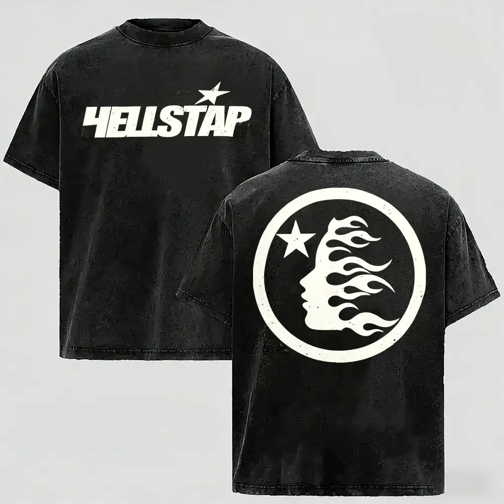 Retro Acid Washed Black Double Sided Print Graphic Tee Star Flame Human Profile Circle Logo Design Men's Casual Street Crew Neck Short Sleeve T-Shirt
