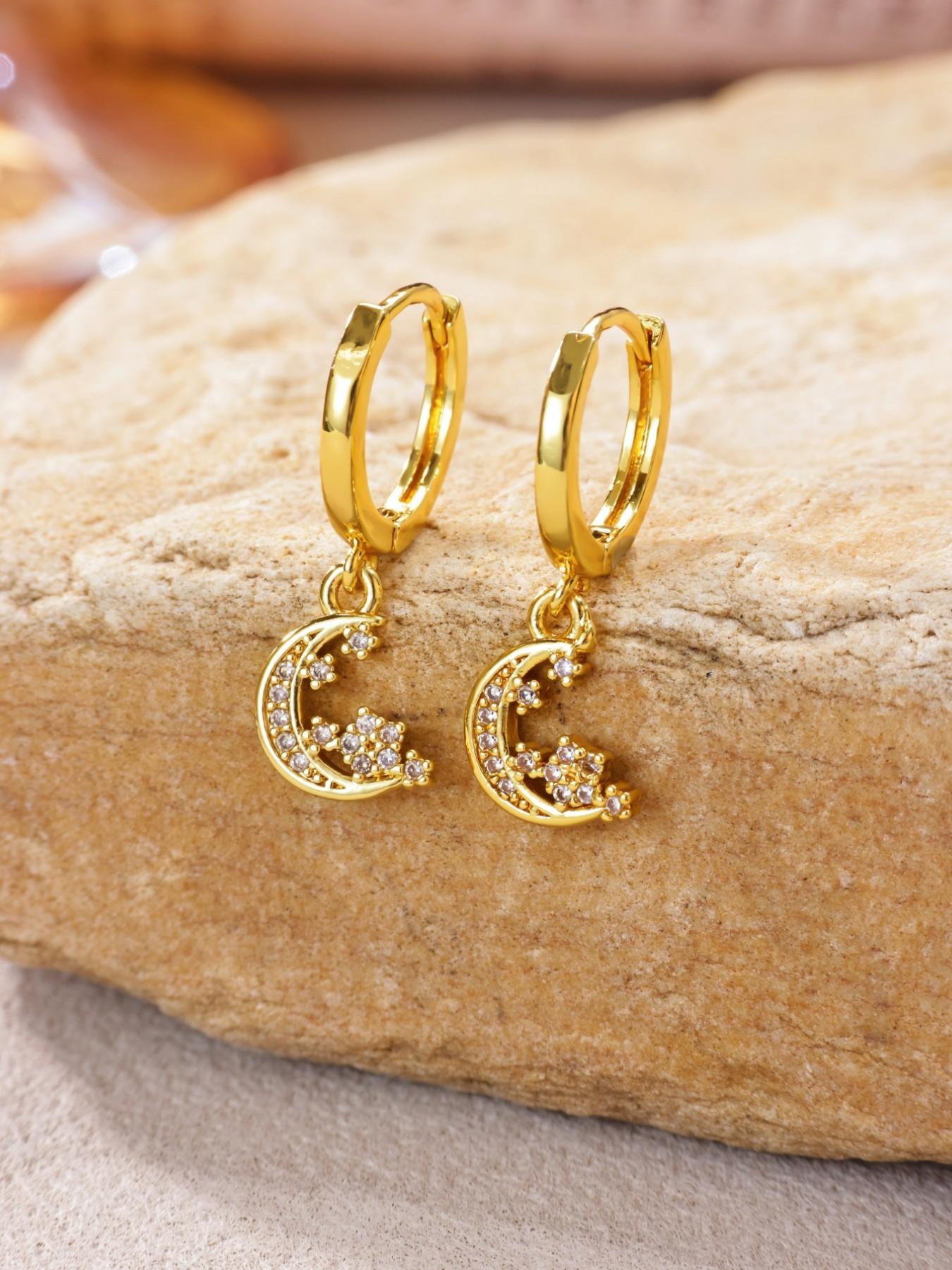 1 Pair Zircon Star Moon Earrings for Women 18K Gold Plated Dangle Drop Earrings Fashion Jewelry,Perfect Gifts for Birthday,Party,Wedding,Anniversary,Mother's Day,Vacation,Daily