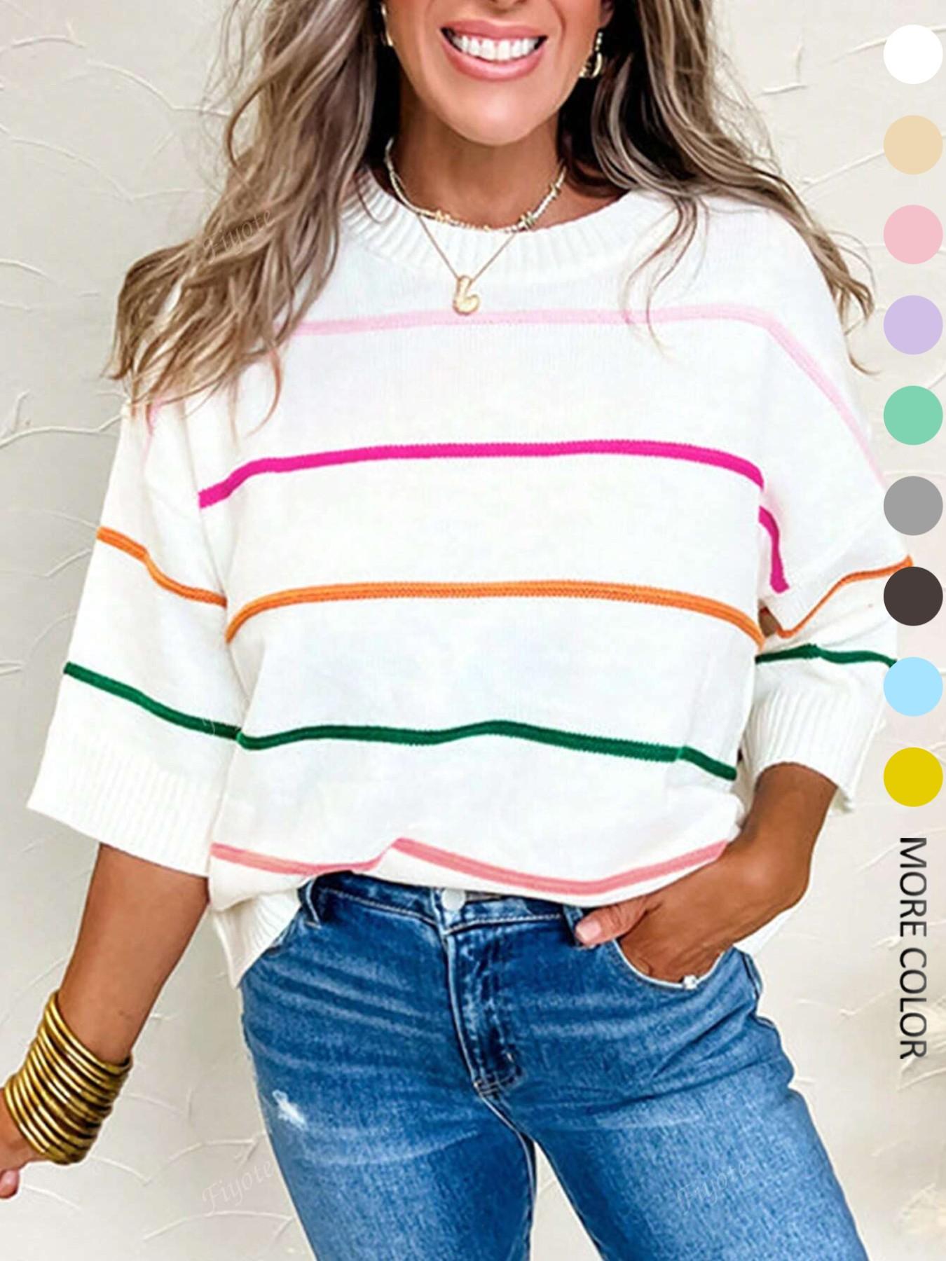 Women's Striped Print Sweater, Casual Short Sleeve Round Neck Jumper for Daily Wear, Ladies Knitwear for Spring & Fall