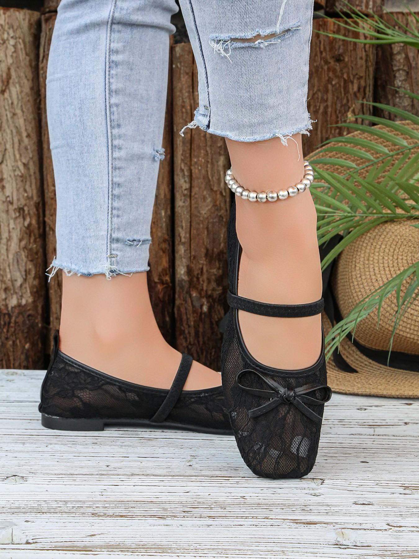 2026 Summer New Lace Mary Jane Shoes for Women, Round Toe Bowknot Low Heel Soft Sole Flat Shoes, Perfect for Shopping and Dating