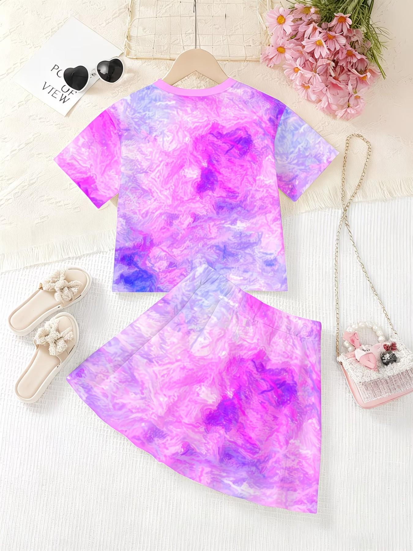 Girls' 3D Cat Print Top and Skirt Set, Summer Casual, Round Neck Short Sleeve, Slim-Fitting, All over Print, Two-Piece Suit