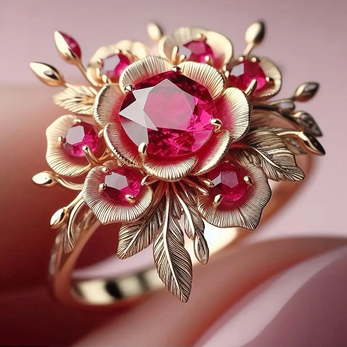 A New Golden Flower Design Ring - a Rose-cut Synthetic Zirconia Flower Ring, Women's Ring, Valentine's Day Gift, Engagement Ring, Suitable for Daily Wear, Gemstone Ring