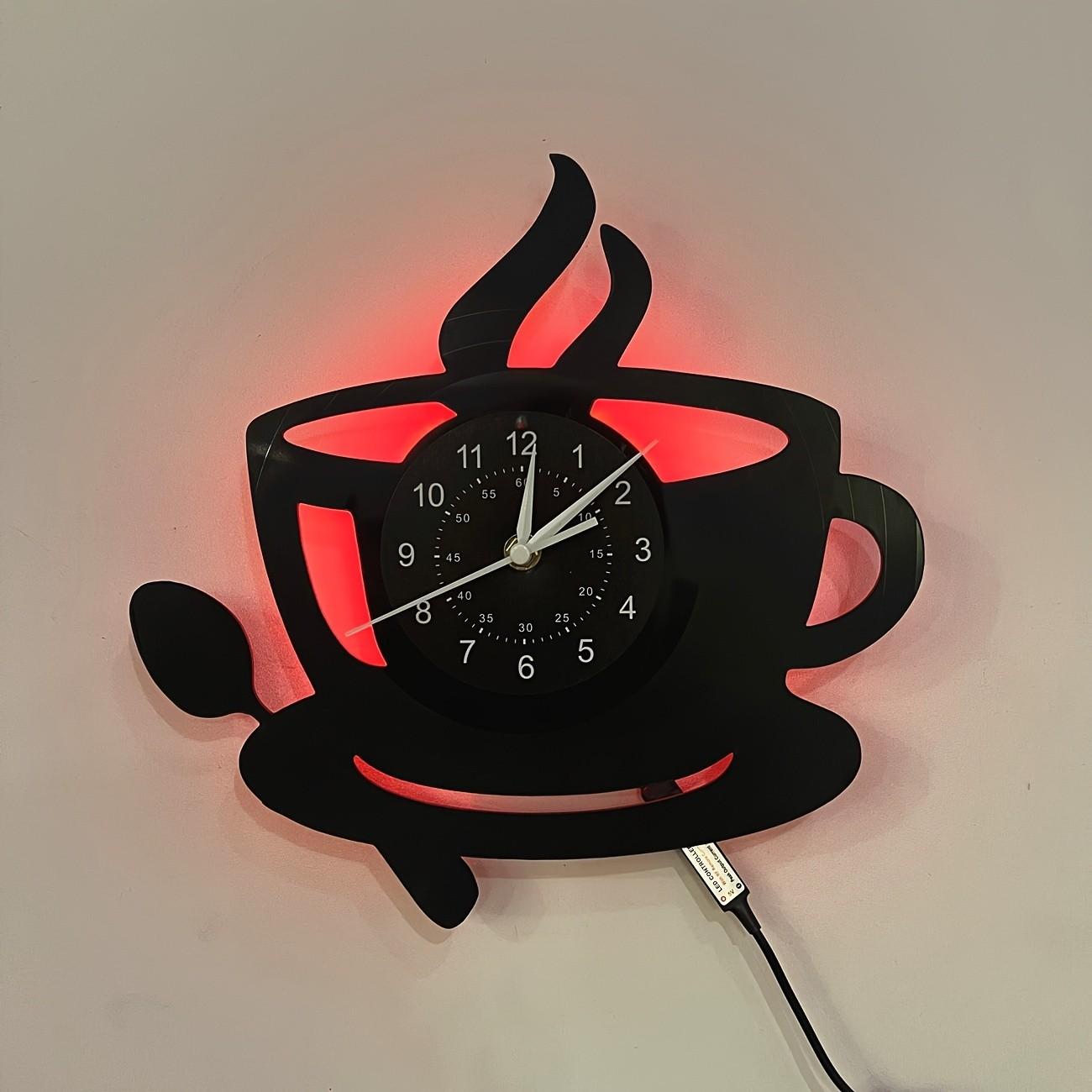 Kitchen Theme Vinyl Record Wall Clock, 7 Color LED Coffee Cup Clock, Living Room Bedroom Decor, Home Office Bar Cafe Decoration, Creative Decorative Clock